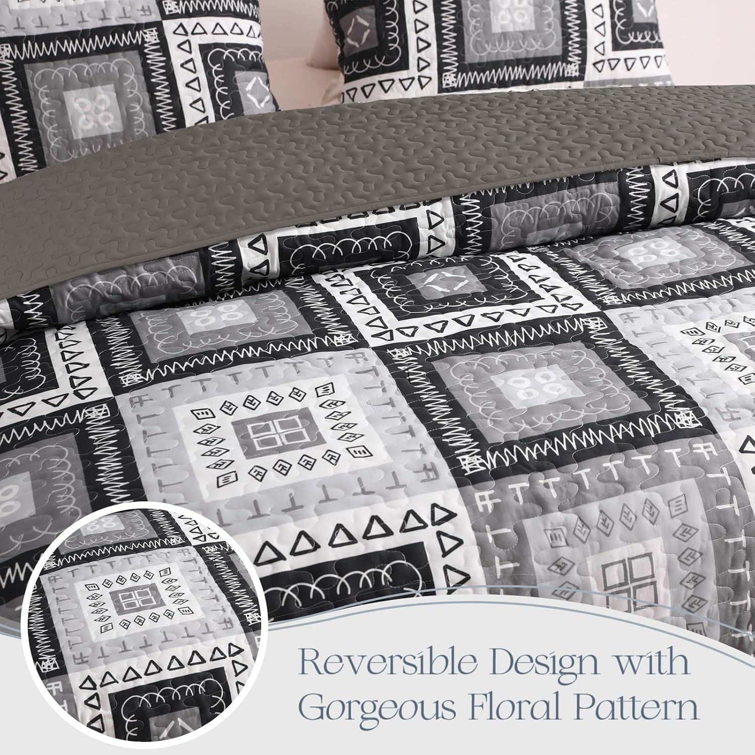 Detalle de Exclusivo Mezcla Quilt13-EBLACK-Q Reversible Queen Quilt Set, Black Patchwork