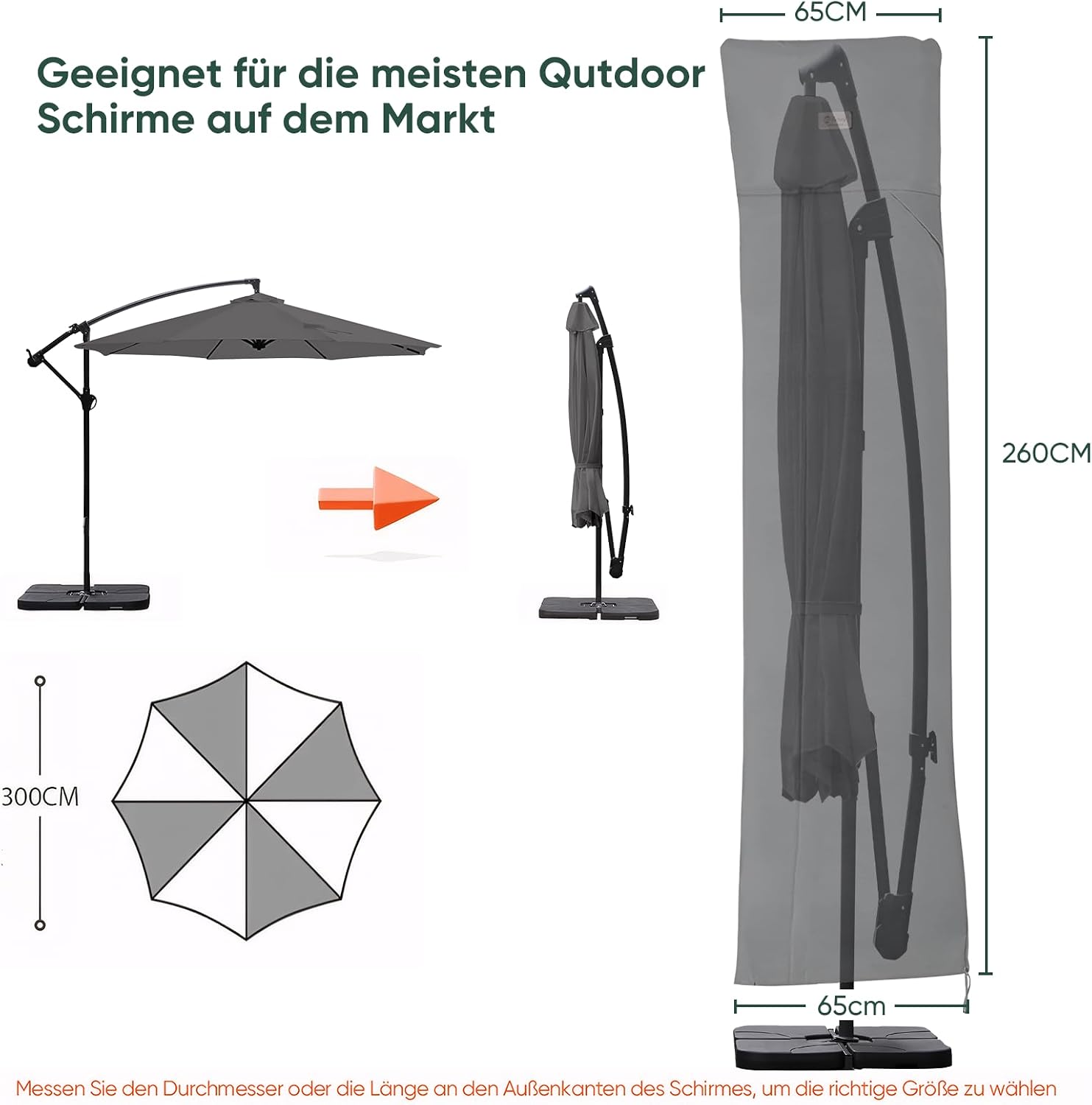 Detalle de Sekey Schutzhülle für Ampelschirm (Abdeckhaube) in Dunkelgrau, 260×65 cm, 600D Oxford-Gewebe