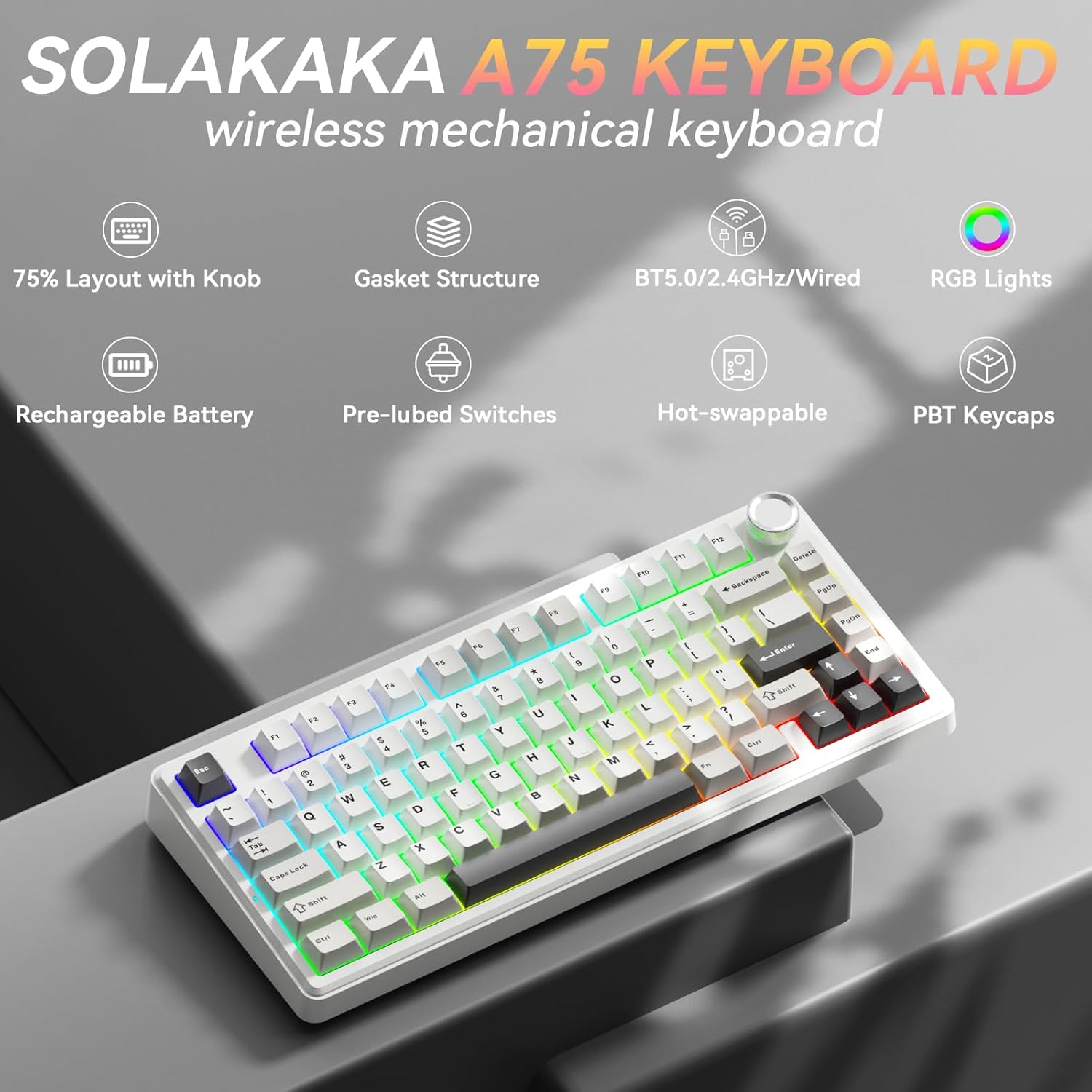 Detalle de SOLAKAKA A75 75% Wireless Mechanical Keyboard — Hot Swappable, RGB, Gasket Mounted