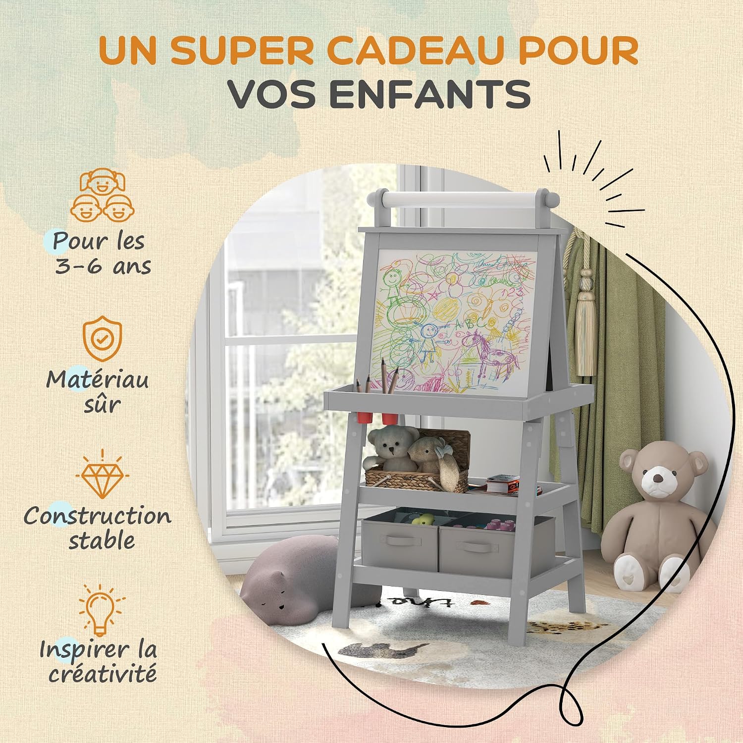 Thumbnail 4 de AIYAPLAY 3B0-012V80GY kinderezel, 3-in-1 met magnetisch whiteboard en krijtbord