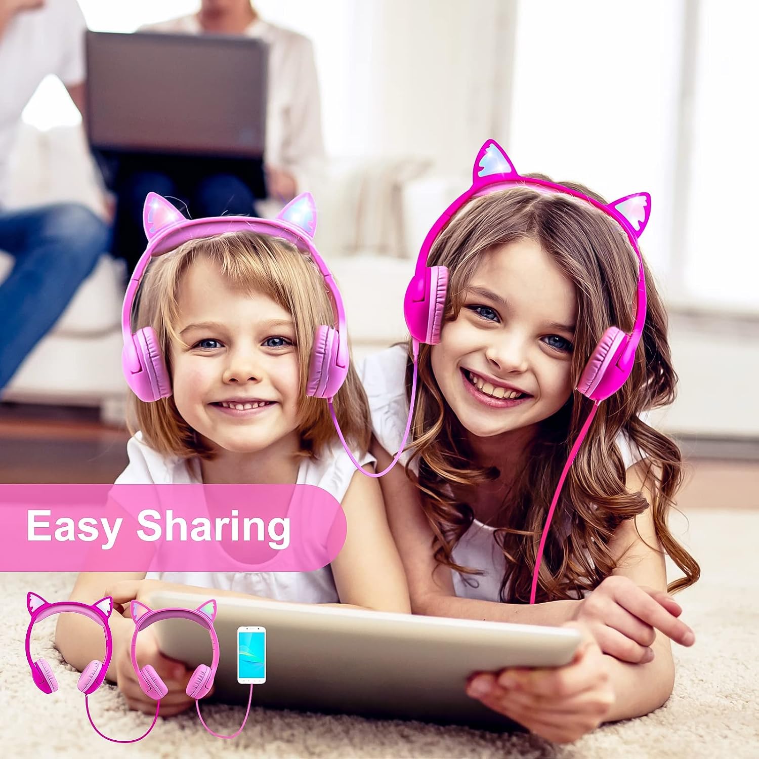Thumbnail 3 de Olyre Kids Wired Headphones with Mic, LED Cat Ears (Pink) – Safe, Shared Audio for Young Learners