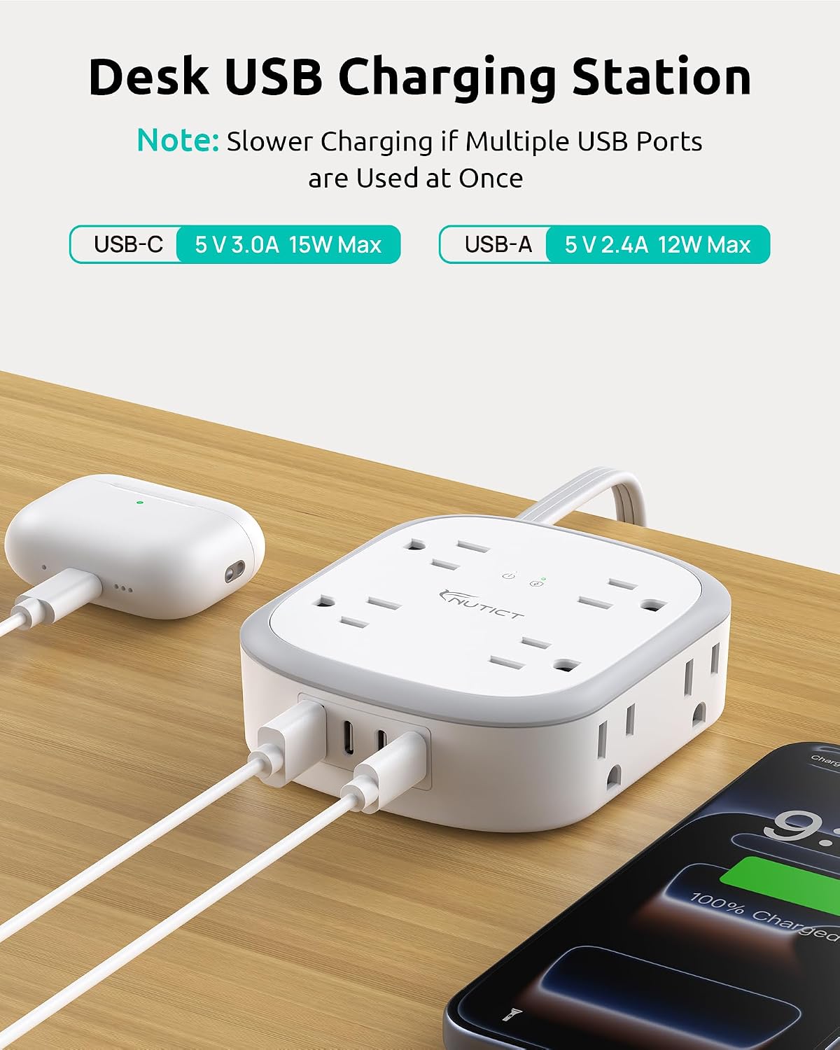 Thumbnail 4 de NUTICT NT-PS-NA02 Surge Protector Power Strip, 8 AC Outlets, 4 USB Ports