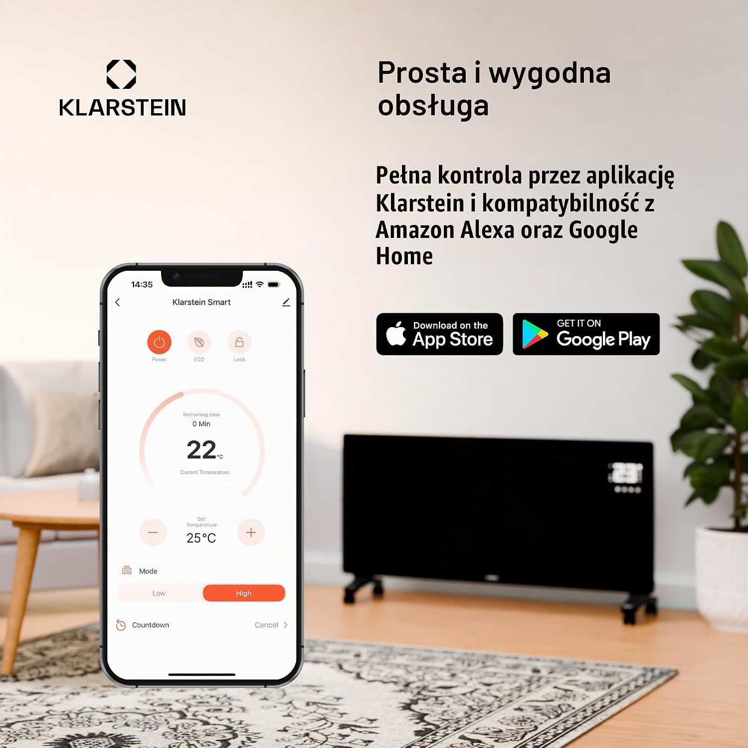 Detalle de Klarstein Bansin Smart – grzejnik konwektorowy 1500 W z aplikacją i kółkami