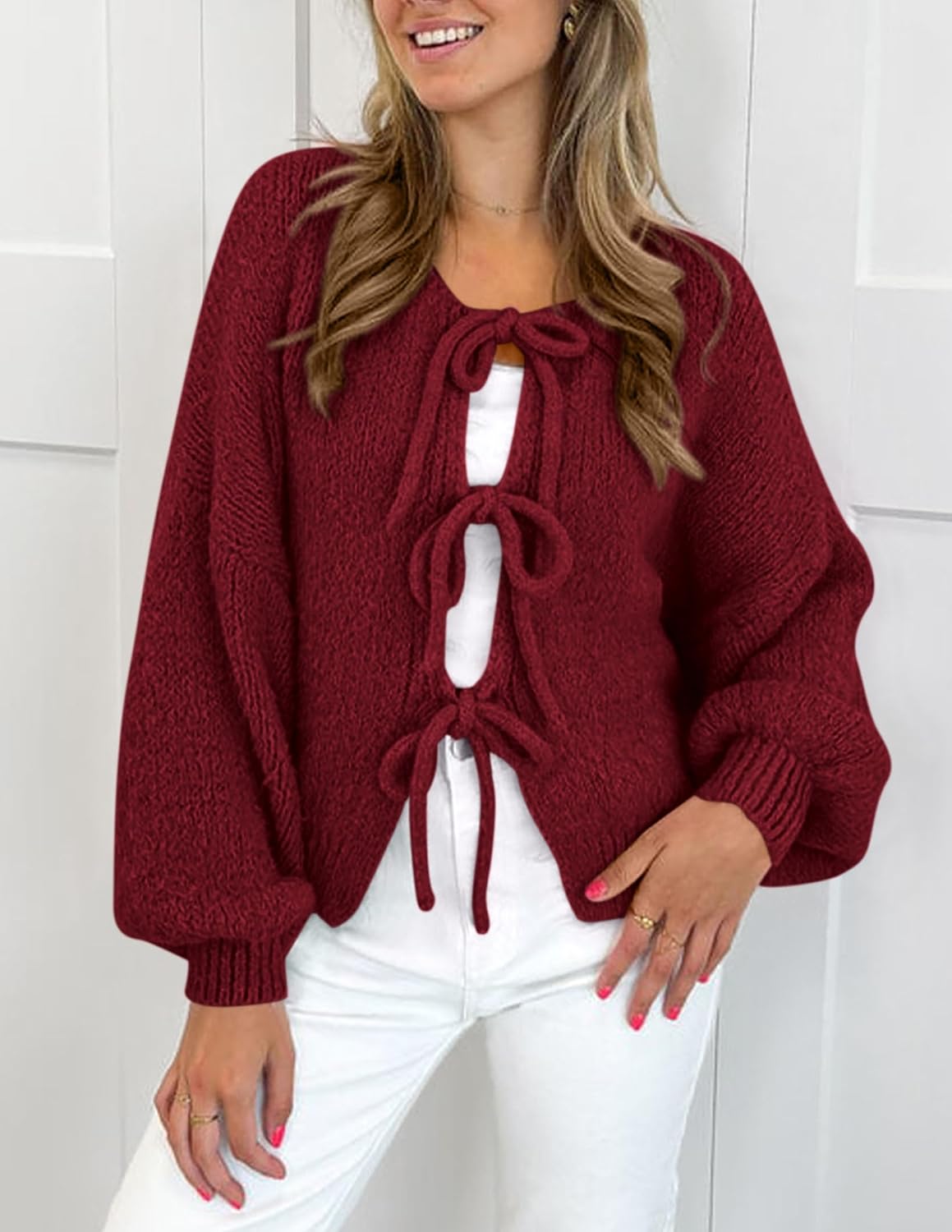 Detalle 1 de PRETTYGARDEN Tie Front Bow Cardigan S