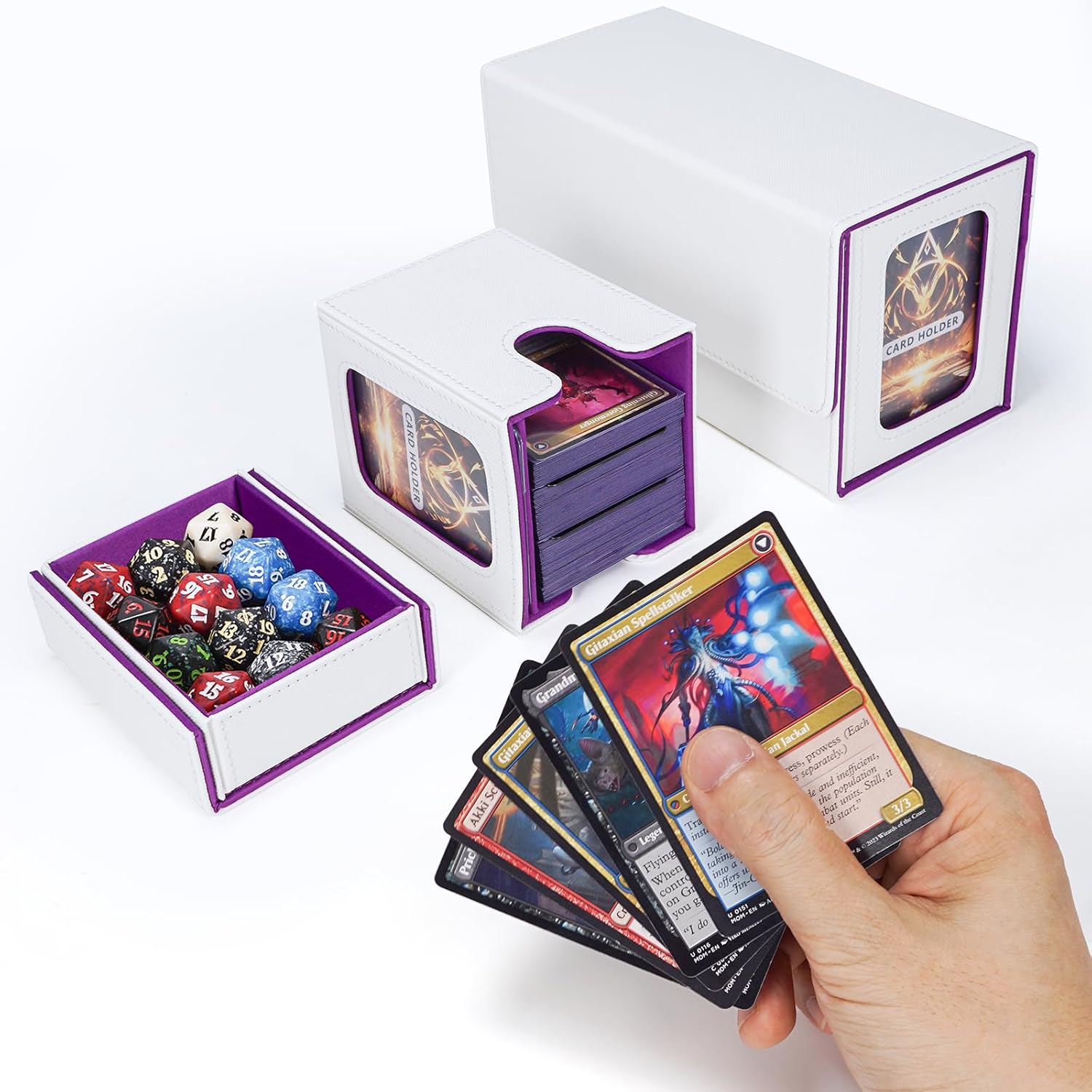 Thumbnail 5 de AFIING MTG Commander Card Storage Box – 220+ Sleeved Cards, 3-in-1 Deck Case (White/Purple)
