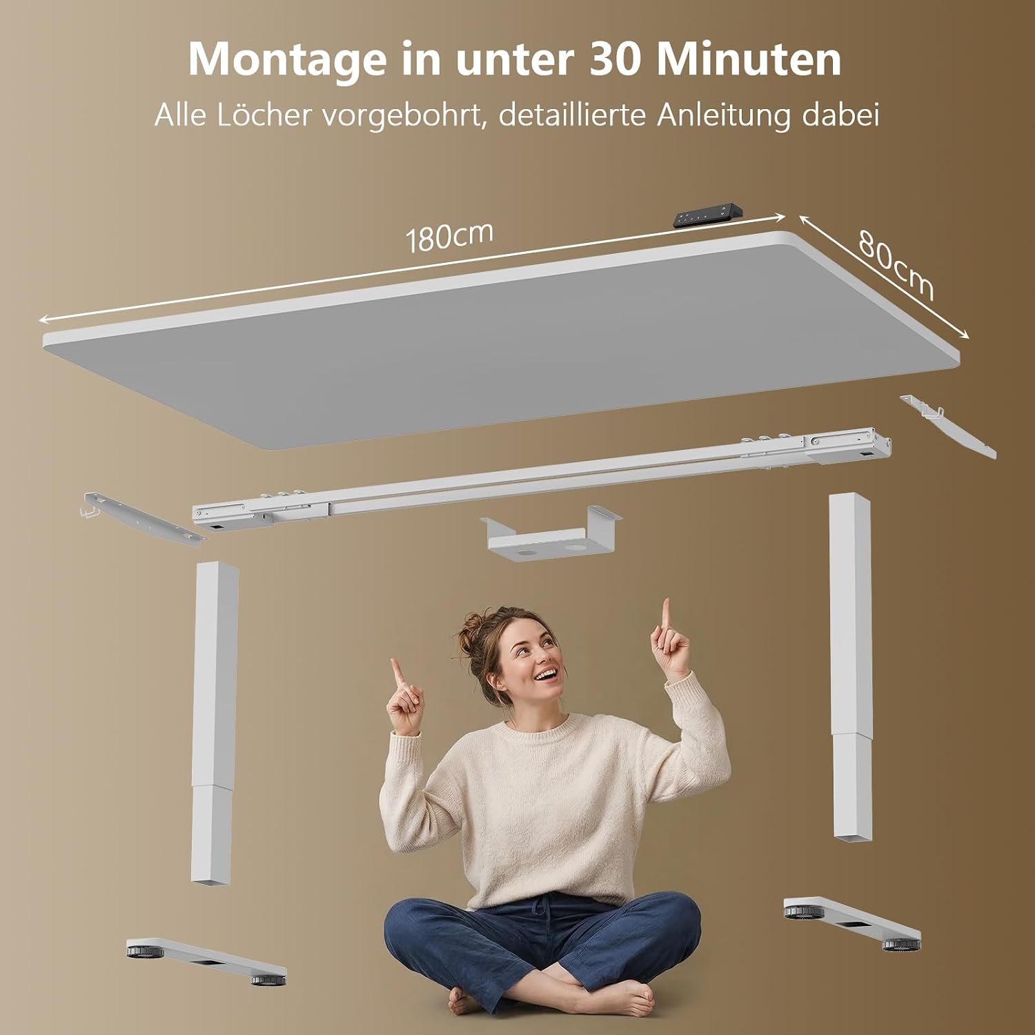 Thumbnail 1 de TRIUMPHKEY Höhenverstellbarer Schreibtisch 180x80 cm – Dualmotor, Touchpanel und Kabelmanagement, Weiß