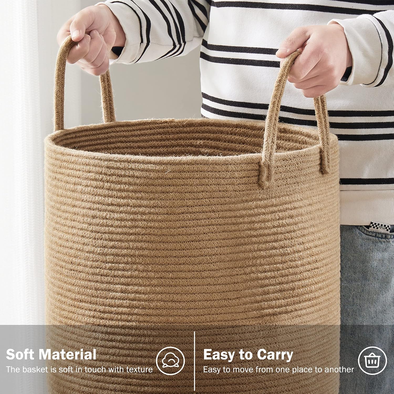 Detalle de YOUDENOVA YDSLD007 Jute Rope Laundry Hamper, 58L, Round and Foldable