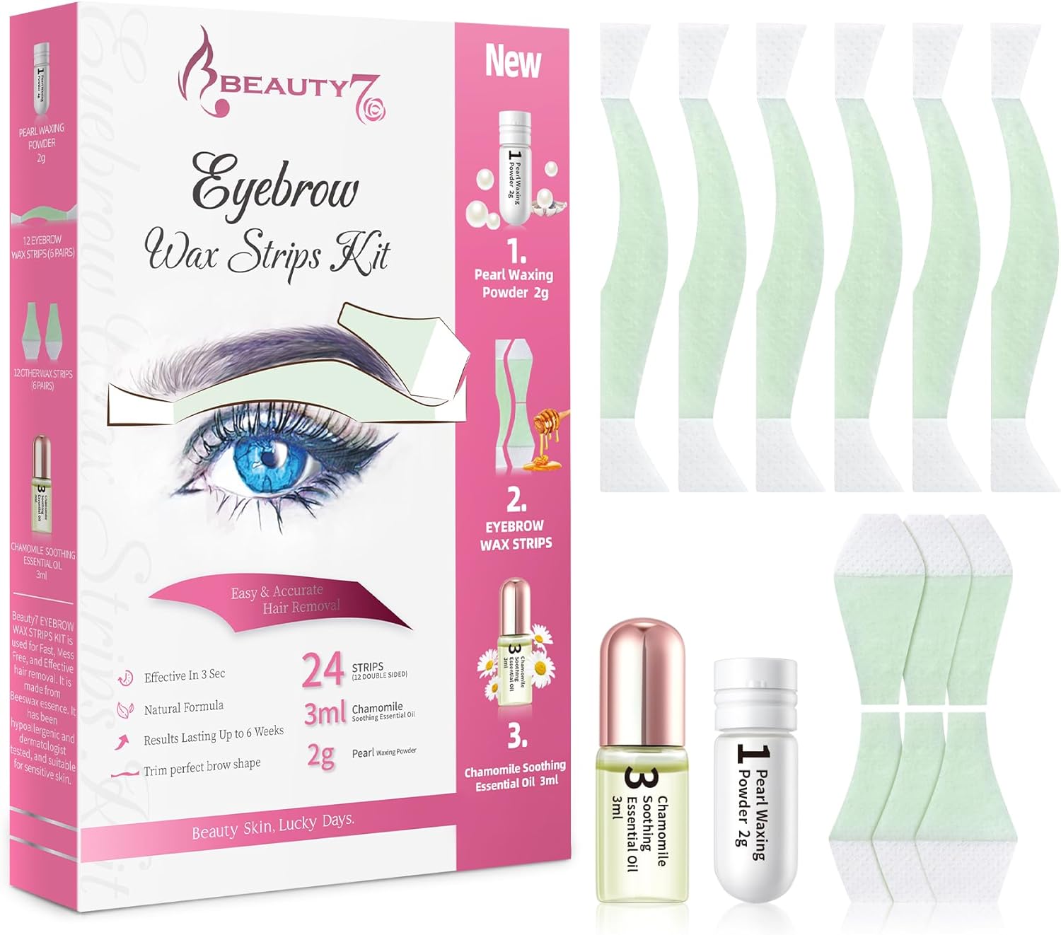 Strisce di Cera Depilatorie per Sopracciglio Beauty7 – confezione da 24 strisce con polvere di perle e olio di camomilla