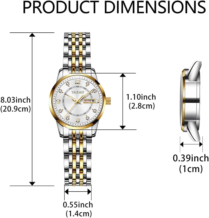 Thumbnail 3 de Taxau Damen-Armbanduhr mit Quarzwerk, Datum und 3ATM Wasserschutz im Edelstahlband (Gold/Silber)