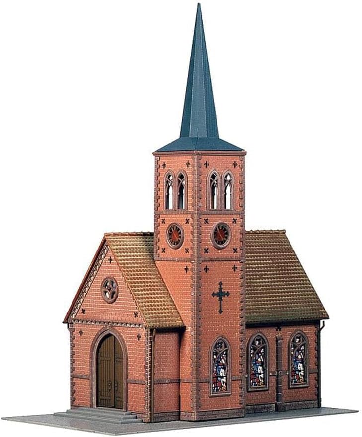 Detalle de Faller 130239 H0 – kościół do makiety, klinkierowa elewacja i kolorowe okna