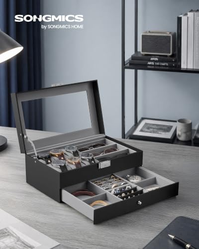 Detalle 2 de SONGMICS Porta Orologi a 6 Posti con Cassetto e Coperchio in Vetro – OrganizerElegante per Reparto Accessori