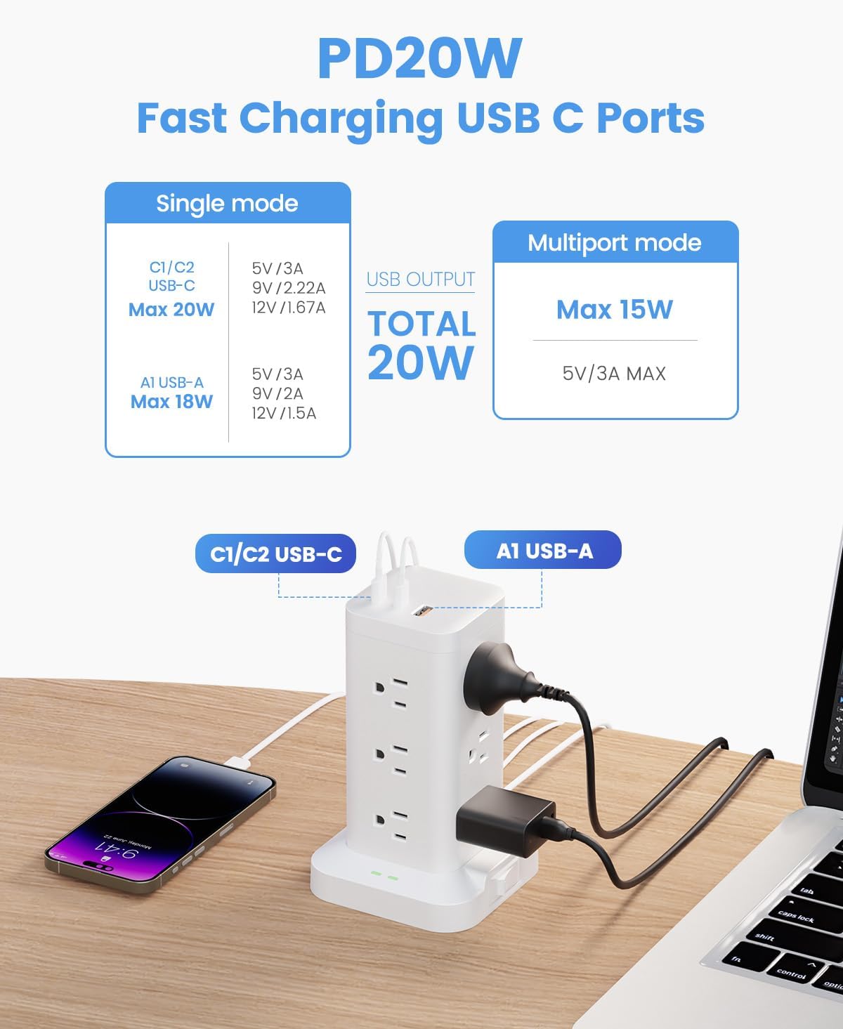Thumbnail 3 de Power Strip Tower with Surge Protector 1800J (15-in-1) with PD20W USB-C, 12 AC Outlets, 10ft Extension Cord, White