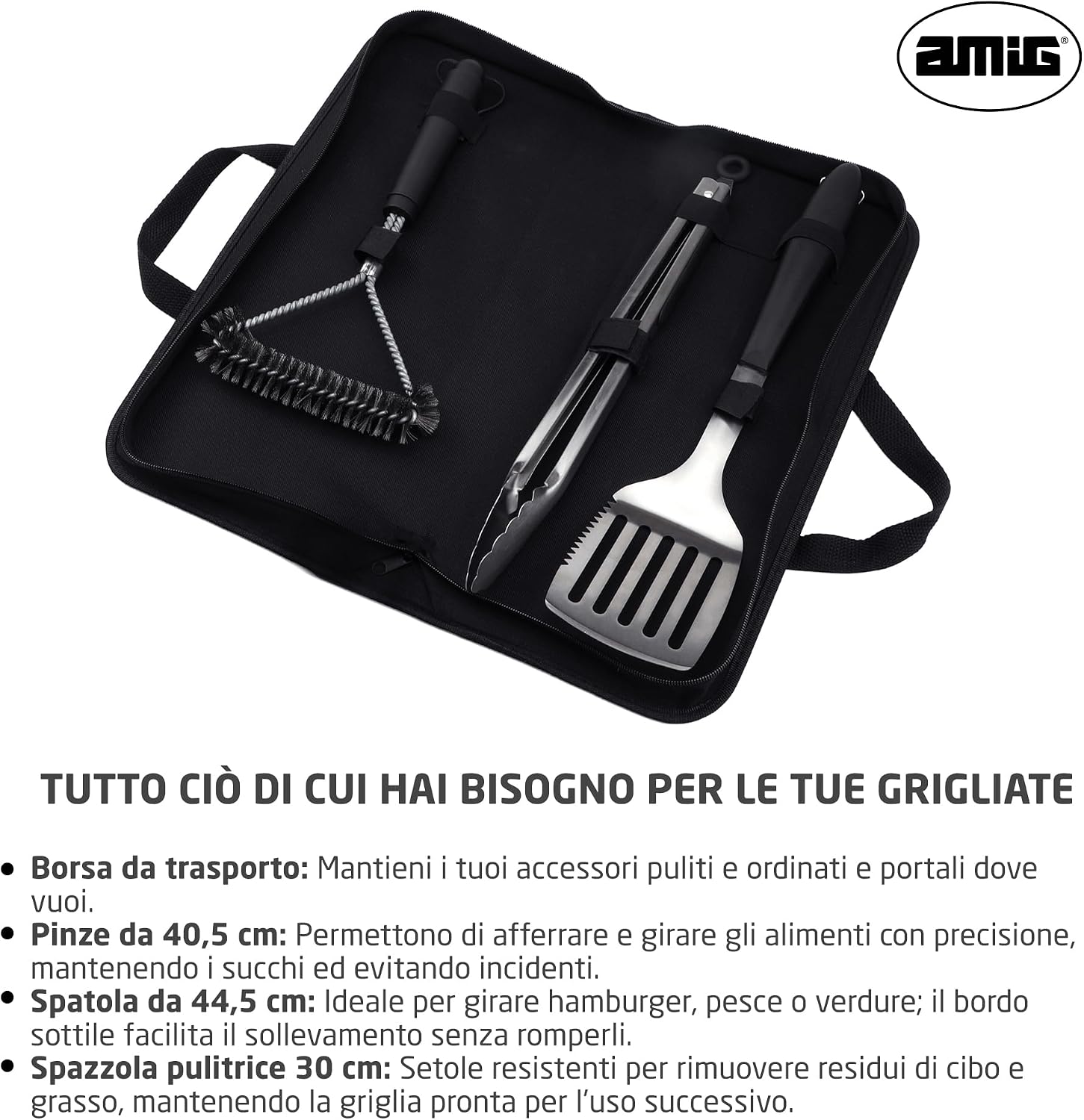 Detalle de Amig Kit 3 Accessori per Barbecue AM02: spatola, pinze e spazzola in acciaio inox con custodia