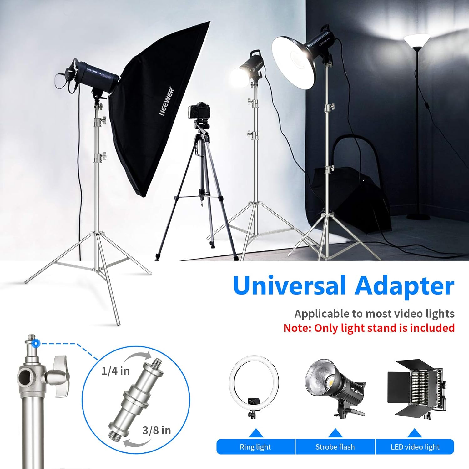 Thumbnail 4 de NEEWER 118\"/3m Stainless Steel Light Stand with Spring Cushion + 1/4\" to 3/8\" Universal Adapter