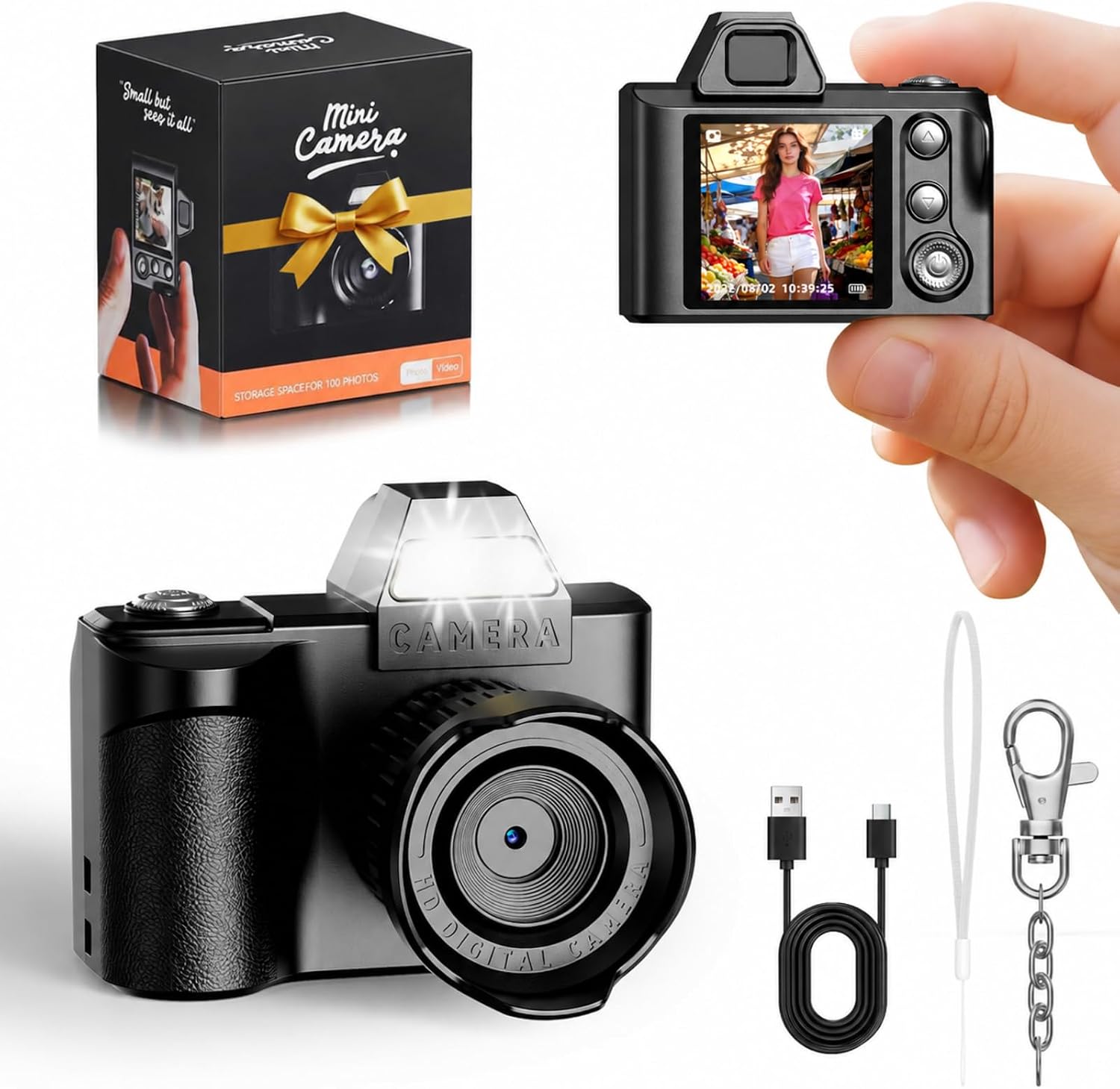 Detalle de MaxMango Mini Schlüsselanhänger Digitalkamera – Retro-Kamera mit 1,3 Zoll, 1080P und 64 GB Speicher (Schwarz)