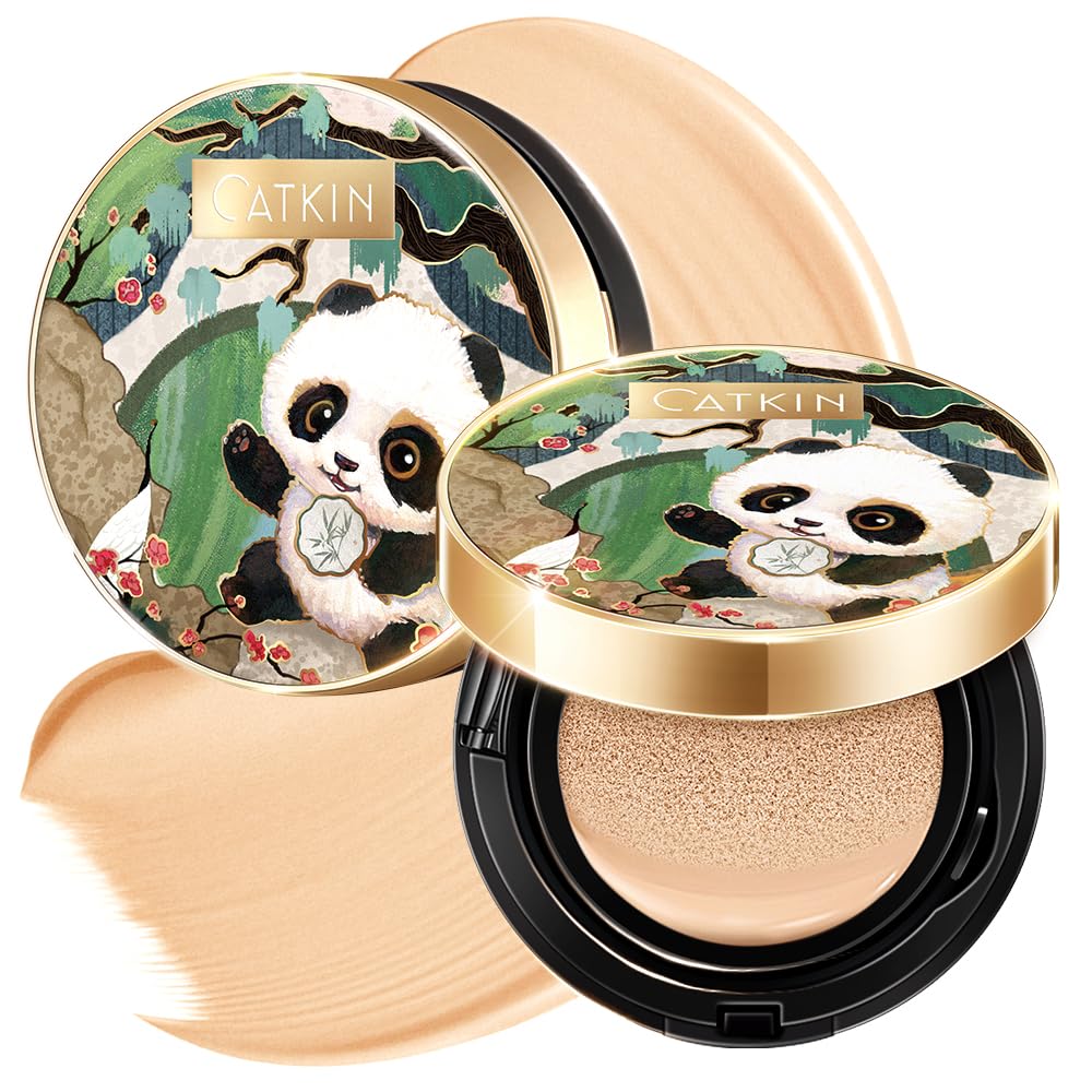 Detalle de CATKIN Panda Land Air Cushion Foundation mit Volldeckkraft – Feuchtigkeitsspendend & Hautfreundlich (15g×2)
