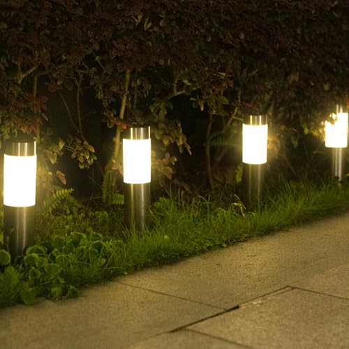 Detalle de Heinstian Warmweiß Solarlampen für Außen – Edelstahl Solarleuchten Garten (4 Stück) mit Schalter, IP45