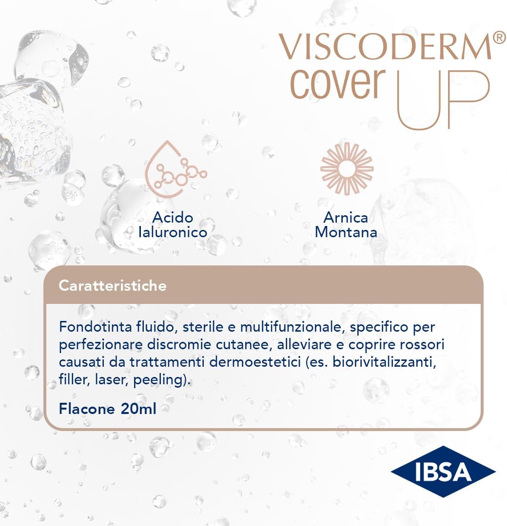 Detalle 1 de Viscoderm Cover Up Dark di IBSA Derma – Fondotinta fluido coprente con acido ialuronico e Arnica montana, colorazione scura