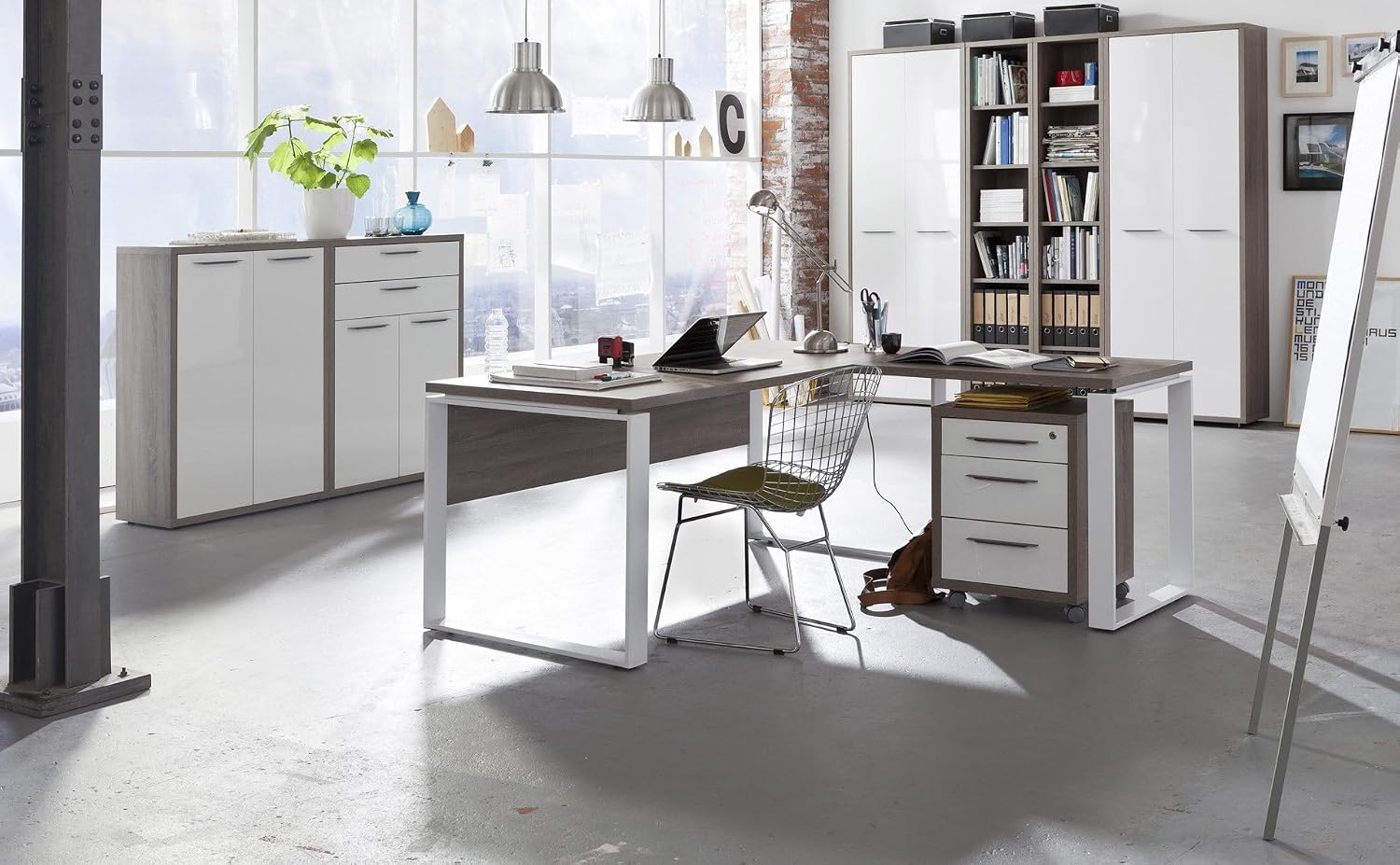 Detalle de Composad Scrivania DISEGNO – Angolare, 170x74,5x80+90 cm, Rovere Sonoma | Made in Italy