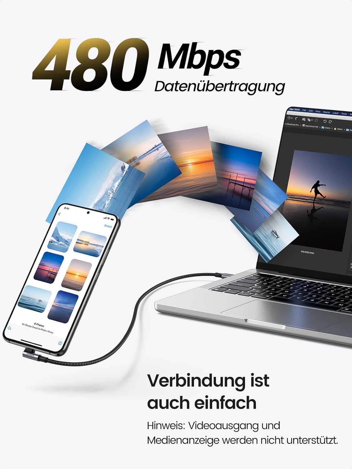 Detalle de UGREEN USB-C Kabel 100W Winkelstecker (USB-C auf USB-C) mit PD 3.0/PPS, 0,5 m