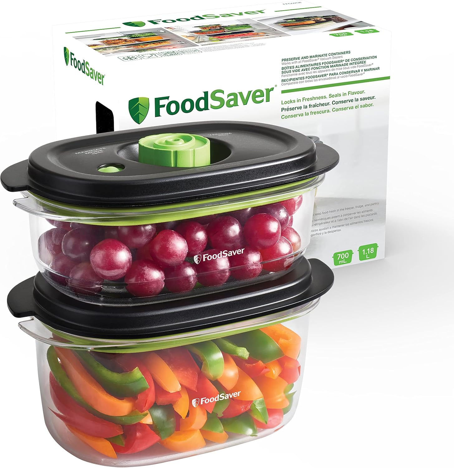 Detalle de Boîtes alimentaires FoodSaver de conservation et marinade – ensemble 3 unités (700 ml, 1,2 L et 1,8 L) sans BPA et étanches