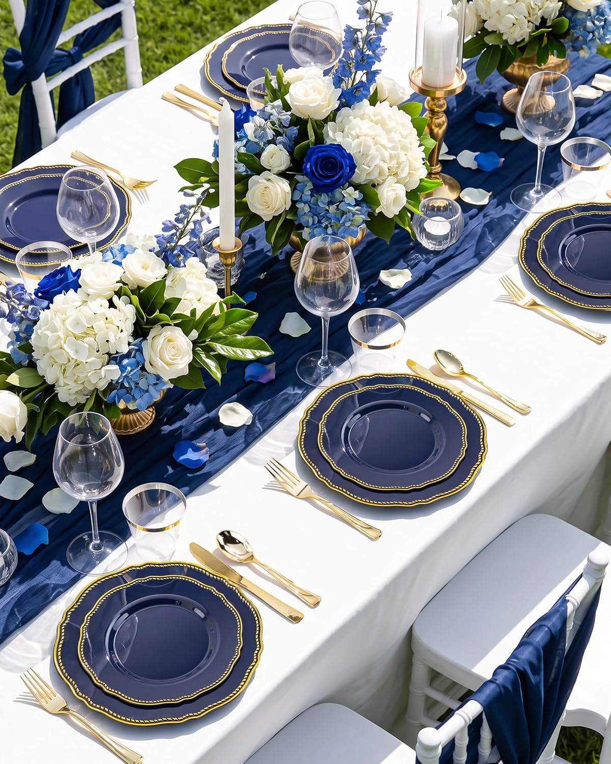Detalle de Hioasis 350pcs Blue and Gold Plastic Plates Set for Weddings and Events