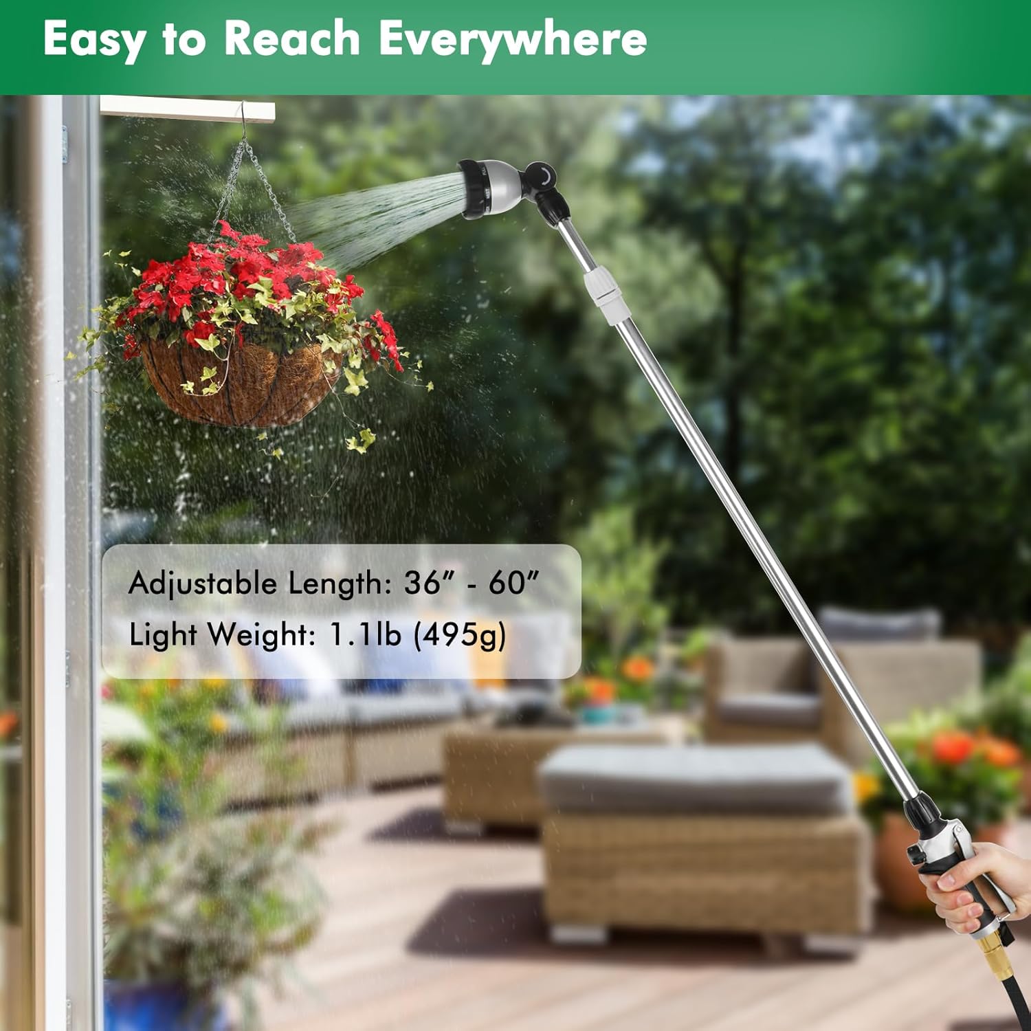 Thumbnail 5 de RESTMO 91–152 cm telescopic metal watering wand with 180° ratcheting head and 7 spray patterns