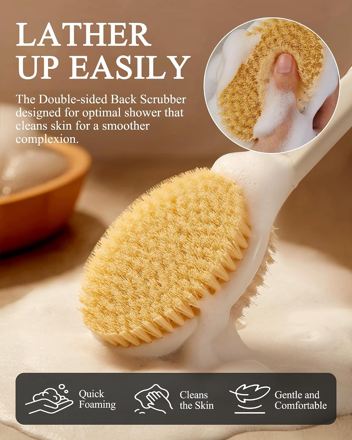 Detalle 2 de Back Scrubber Body Shower Brush with Extra-Long Non-Slip Handle, Boar & Soft Nylon Bristles (Black)