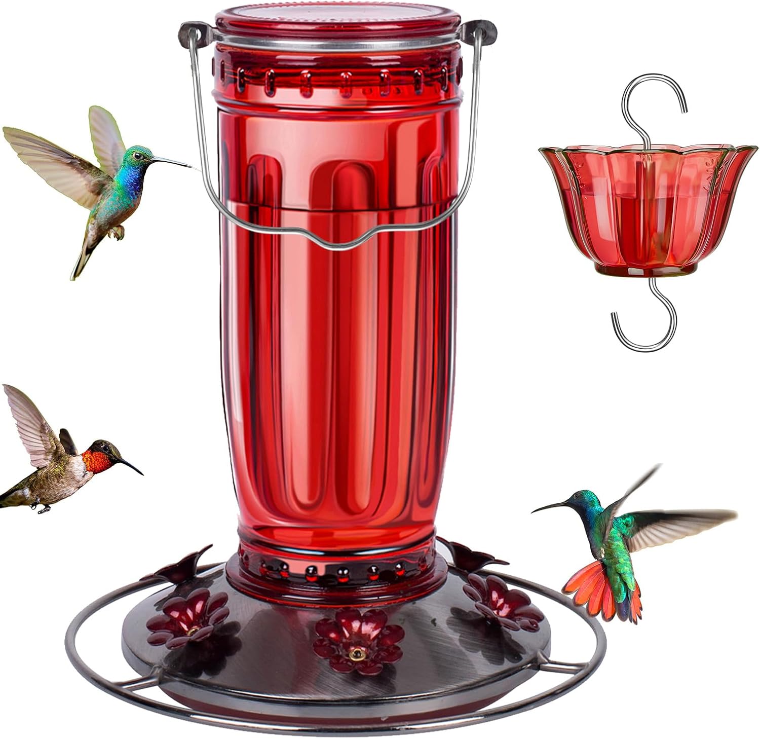 Detalle de Kingsyard KYBF119CP04 Glass Hummingbird Feeder, Red, with 6 Feeding Ports