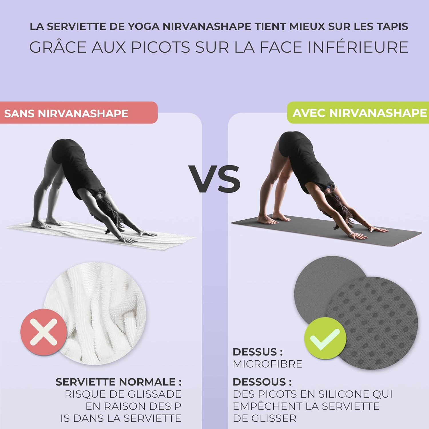 Detalle de NirvanaShape Serviette de Yoga antidérapante (185 x 63 cm) — hygiénique et polyvalente