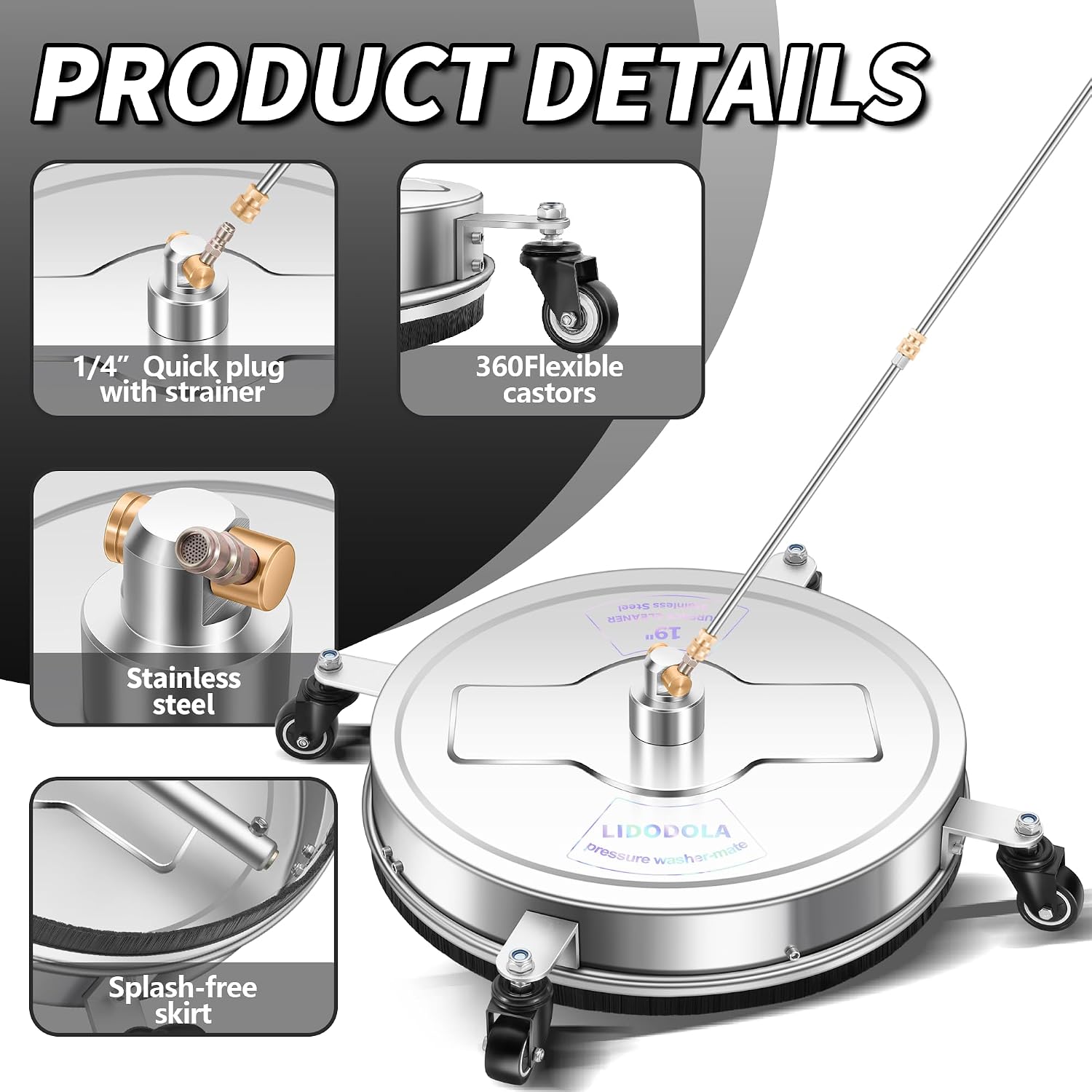 Detalle de LidoDola PWS 19-Inch Pressure Washer Surface Cleaner, Stainless Steel, 4 Wheels
