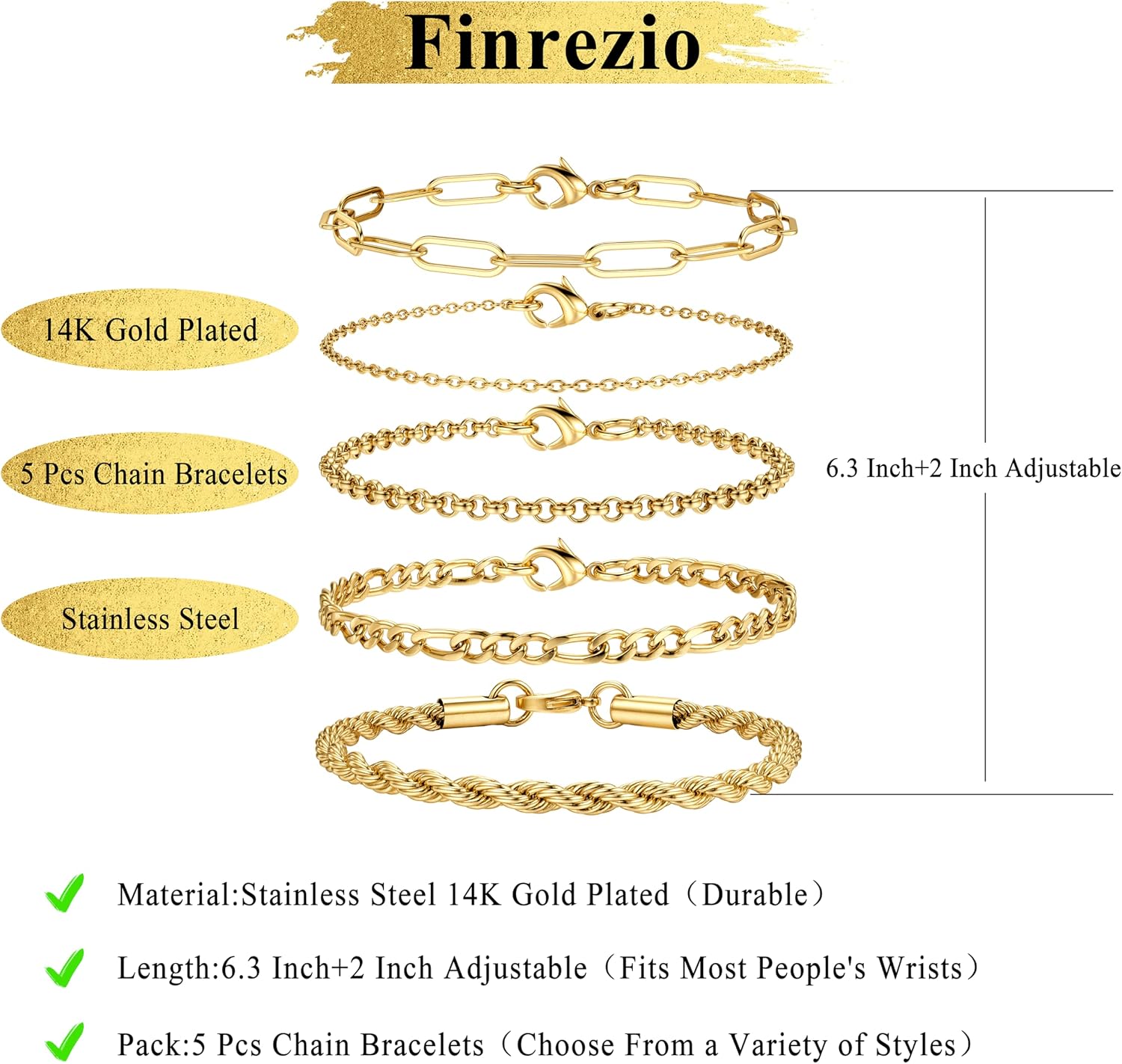 Thumbnail 1 de Finrezio 3–5er-Armband-Set für Damen in Gold (14 Karat vergoldet) aus Edelstahl – Figaro, Perlen & Ketten mit Verlängerung