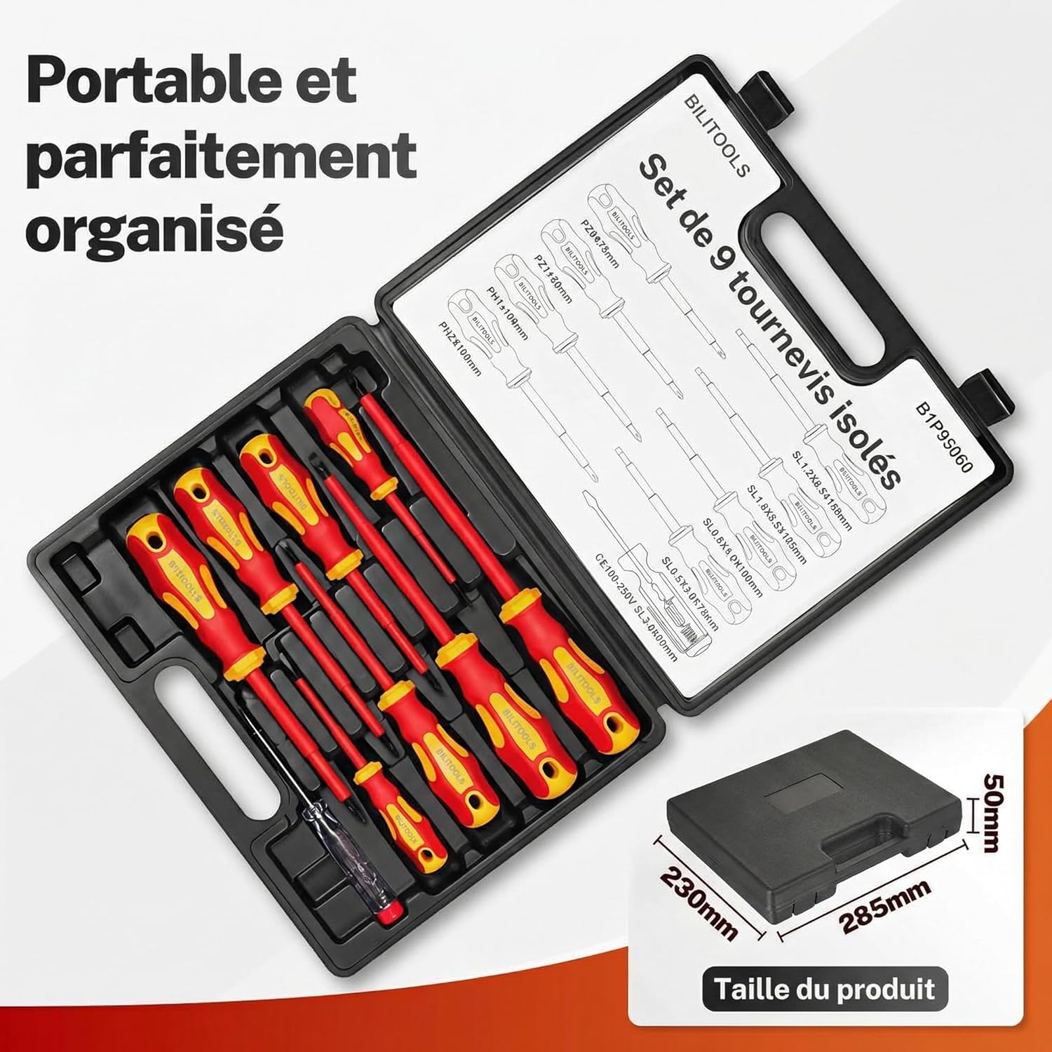 Detalle de BILITOOLS Tournevis Électricien 9 Pièces – Coffret isolé 1000V avec testeur de tension