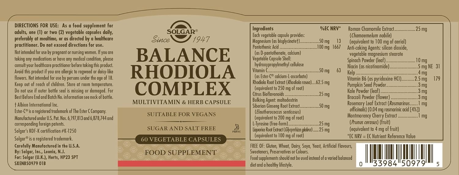 Thumbnail 7 de Solgar Balance Rodiola Complex 🌿, Apoyo Nervioso, 60 Cápsulas