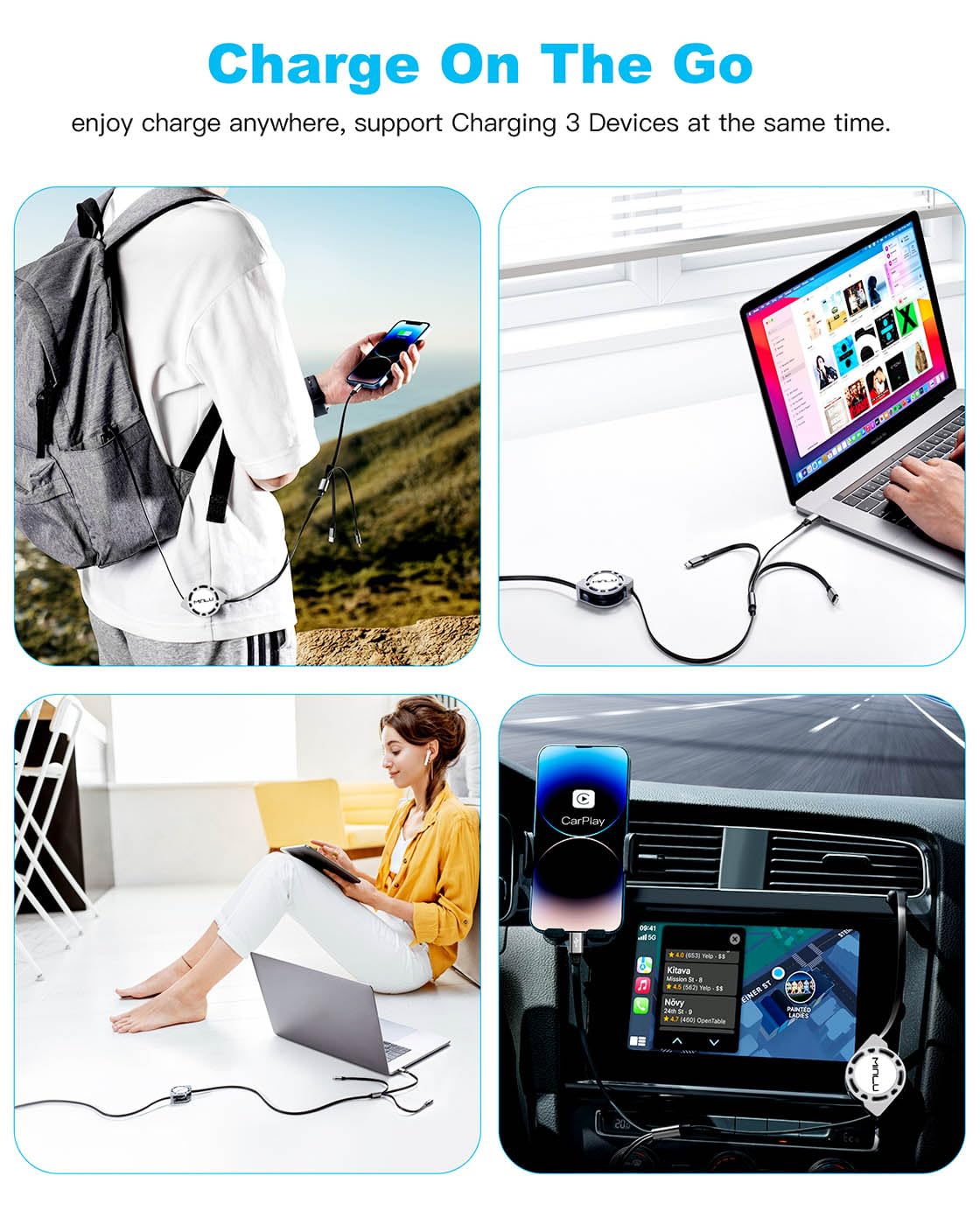 Thumbnail 4 de Multi Charging Cable 3A 4ft Retractable 2Pack