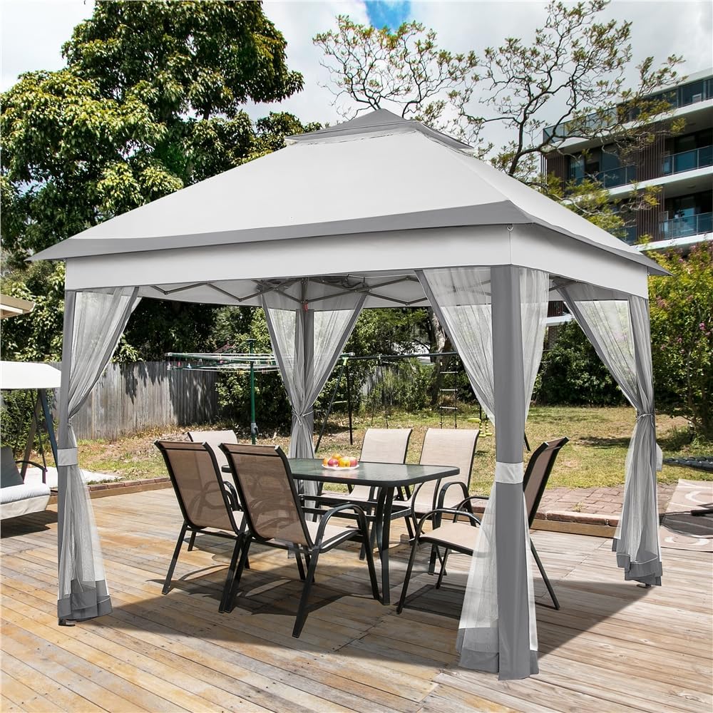 Detalle 2 de Yaheetech Gazebo da giardino in ferro 300x300 cm pieghevole con pareti in rete e doppio tetto, grigio