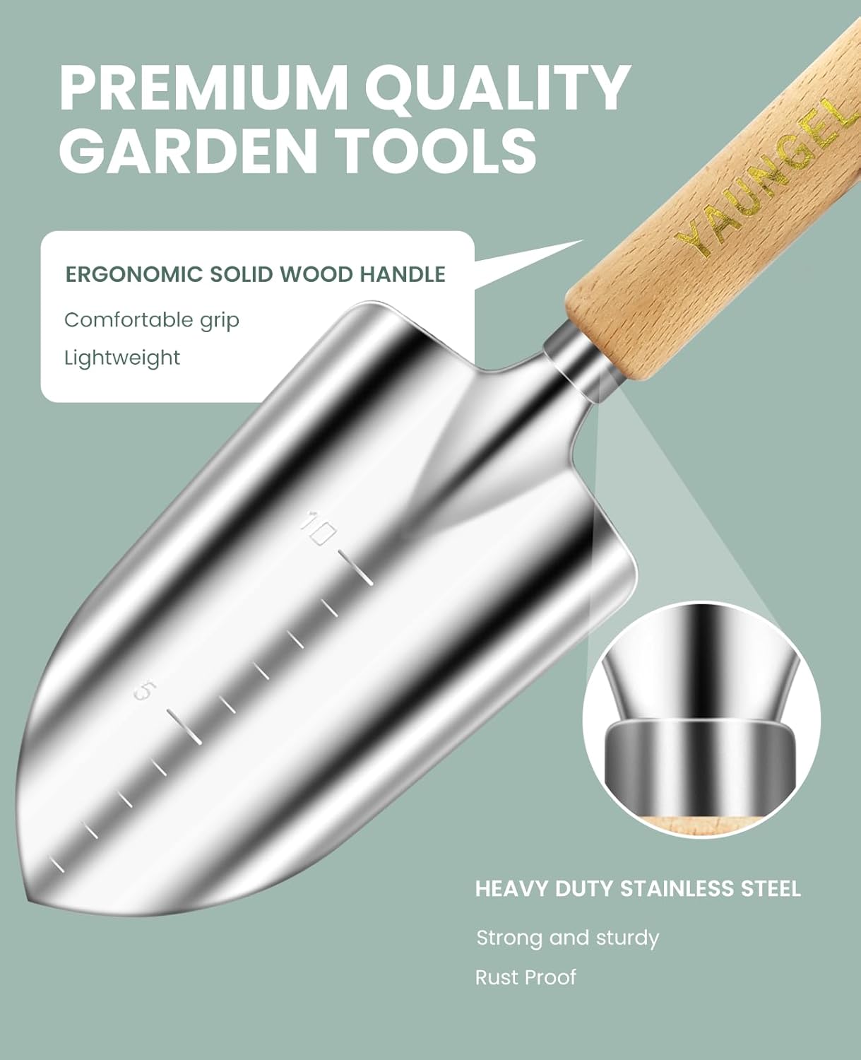 Detalle de Set di attrezzi da giardinaggio YAUNGEL da 10 pezzi con teste in acciaio inox e manici antiscivolo