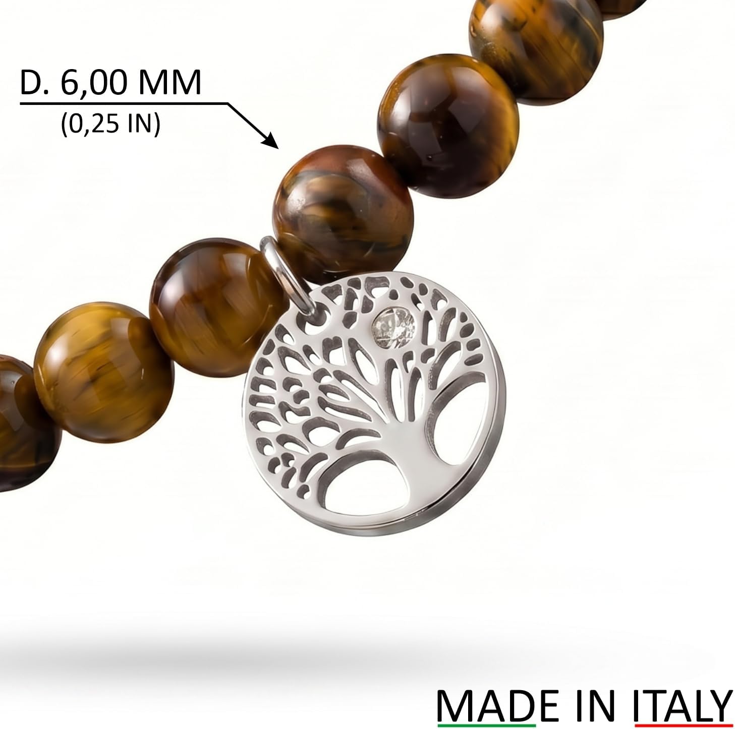 Detalle 2 de 10:10 Bracciale Donna in Pietre Naturali 6mm e Acciaio Inox Anallergico – Albero della Vita, Zircone e Ciondolo Regolabile