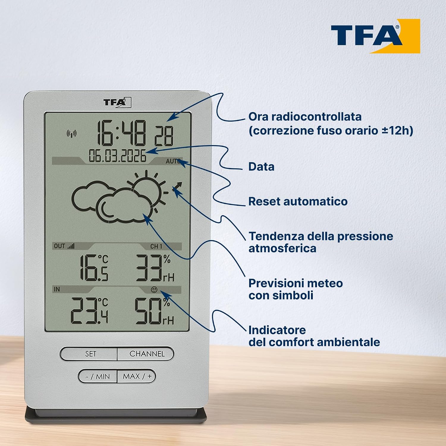Detalle de TFA Dostmann stazione meteo con sensore esterno Xena 35.1162.54 — previsione, clima interno ed esterno, radio controllata