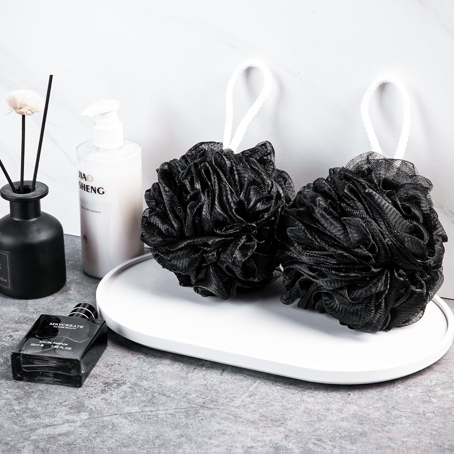 Detalle de MTDLYICE XXL Loofah Sponge XXL-100g, Soft Mesh Shower Puff (Black) — 4-Pack