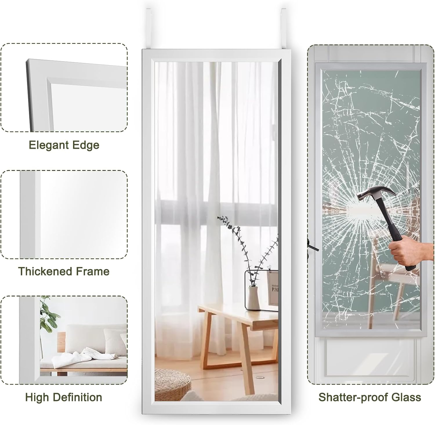 Thumbnail 3 de Dripex Over Door Mirror Full Length 110 x 45cm — Silver, Versatile Mounting