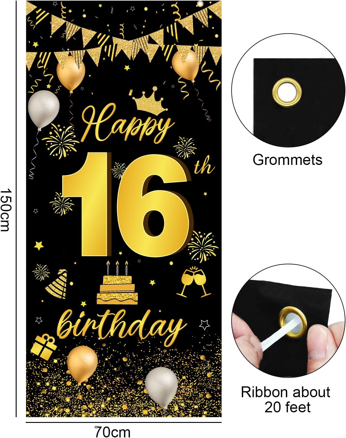 Thumbnail 6 de 16th Birthday Decorations Black & Gold Kit with Balloons, Banner and Triangle Flag Bunting