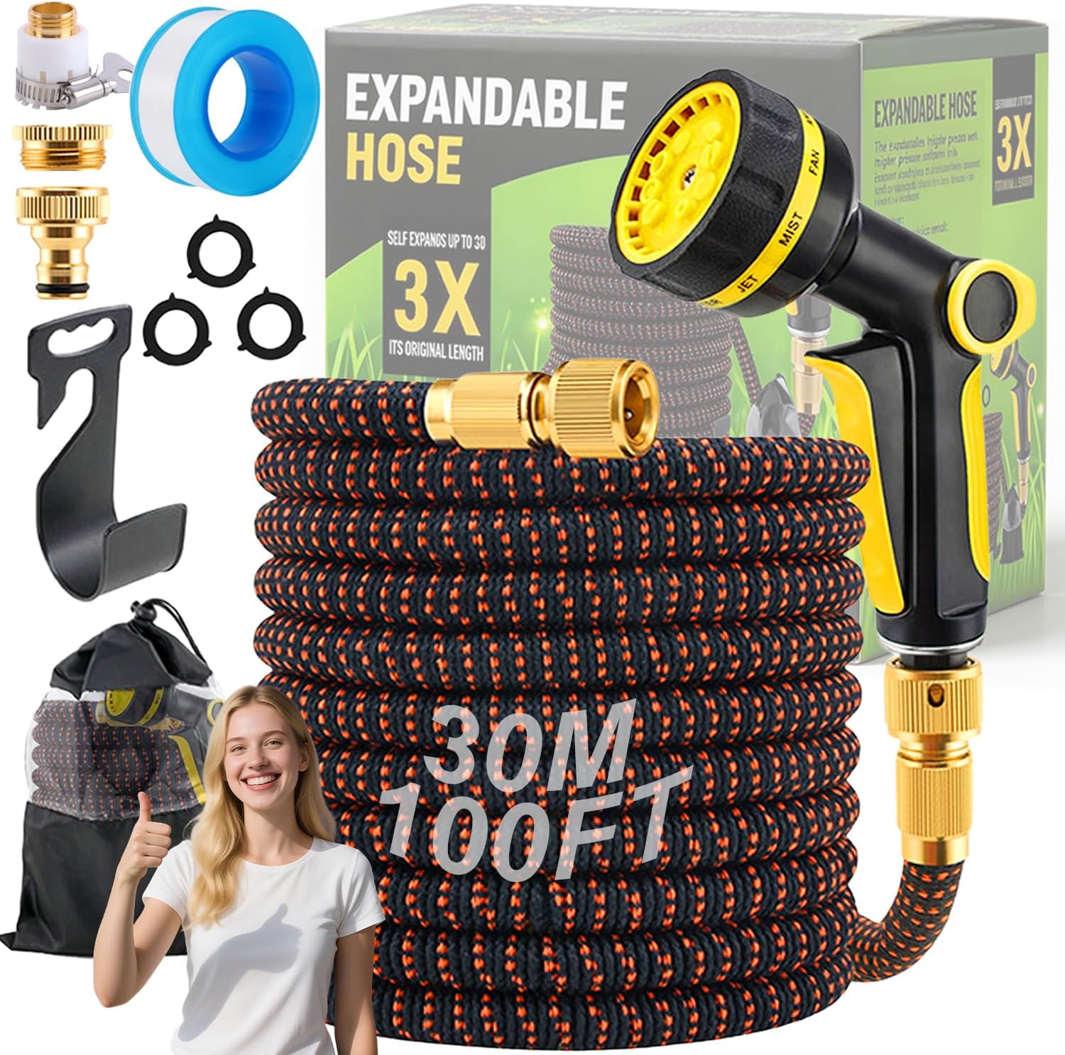 Detalle de RIZENCE Upgraded Expandable Garden Hose Pipe 30–100ft with 10-Mode Spray Gun (10m)