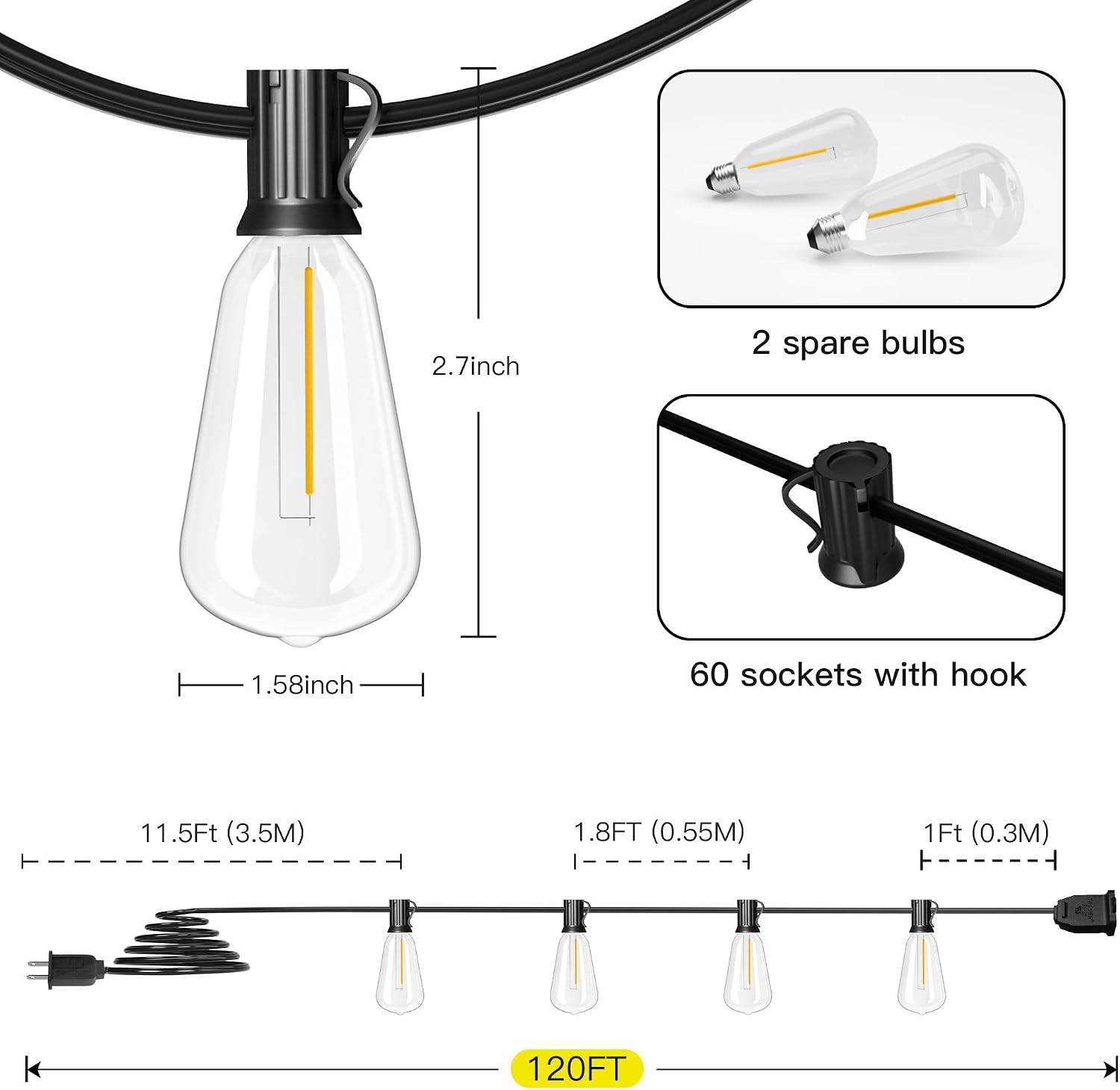 Detalle de OHLUX GLS-20J2P-E17-ST38-60 Outdoor String Lights, 120FT, 2200K Dimmable LEDs