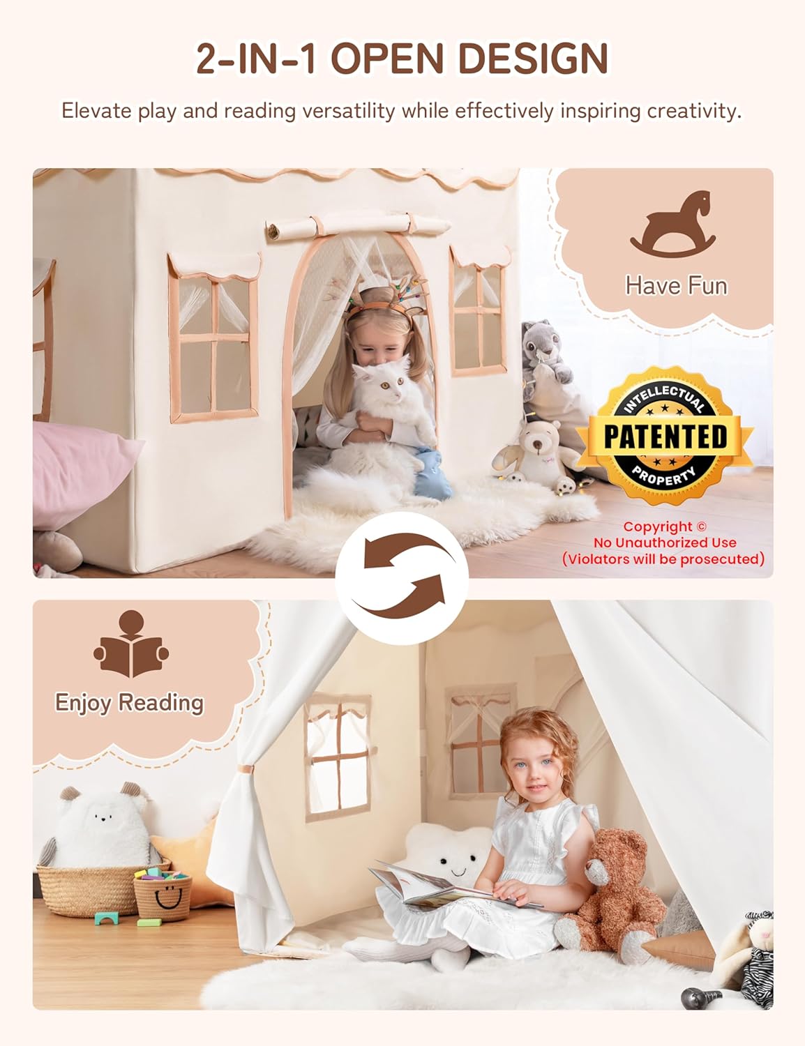 Detalle 2 de besrey 2-in-1 Kids Play House Tent with Lights and Pad – Indoor/Outdoor Castle for 3–4, Beige