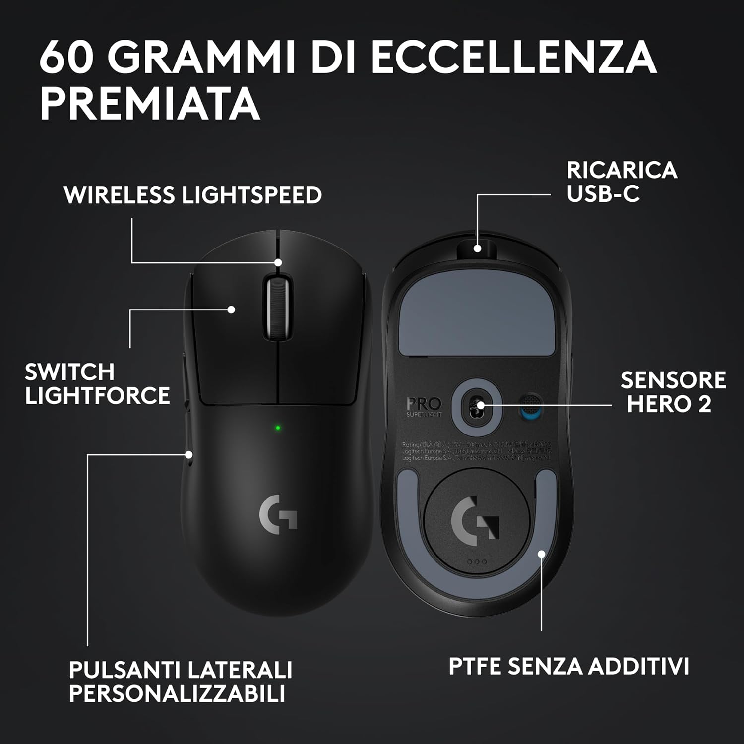 Thumbnail 6 de Logitech G PRO X SUPERLIGHT 2 LIGHTSPEED (versione Est Europa) aggiornamento 8K, mouse gaming wireless USB-C HERO 2 60 g Nero