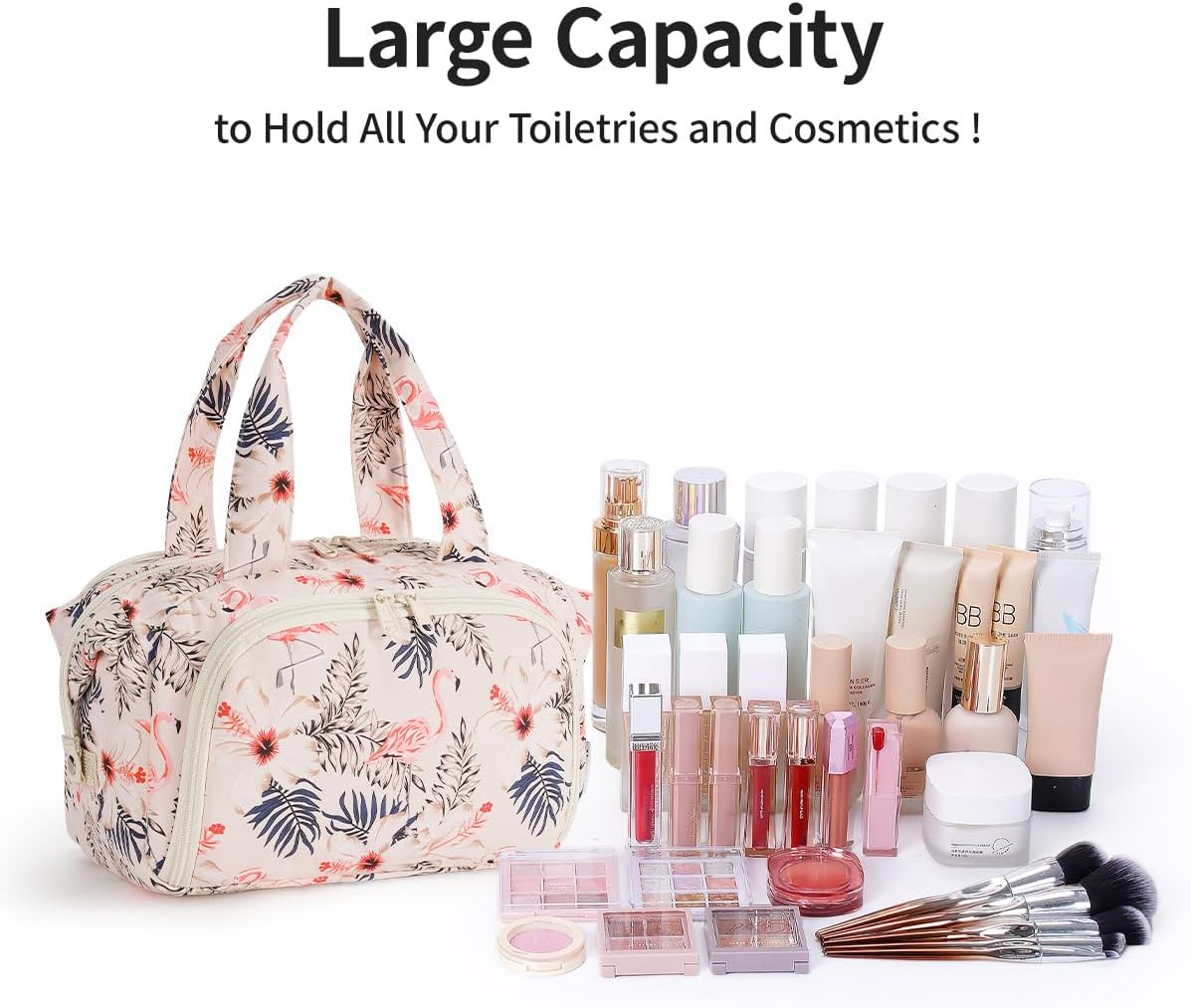 Detalle de Narwey Groß Kosmetiktasche Beige Flamingo – Kulturbeutel Reise Organizer