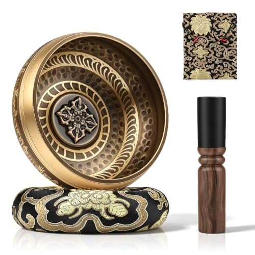 Carastek Große Original Tibetische Klangschalen Set – Ø13 cm, handgehämmert, mit Seidenkissen und Lederschlägel
