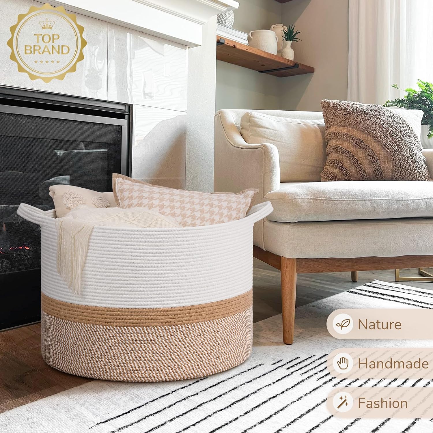 Thumbnail 6 de INDRESSME 115L Woven Cotton Rope Storage Basket, White and Camel