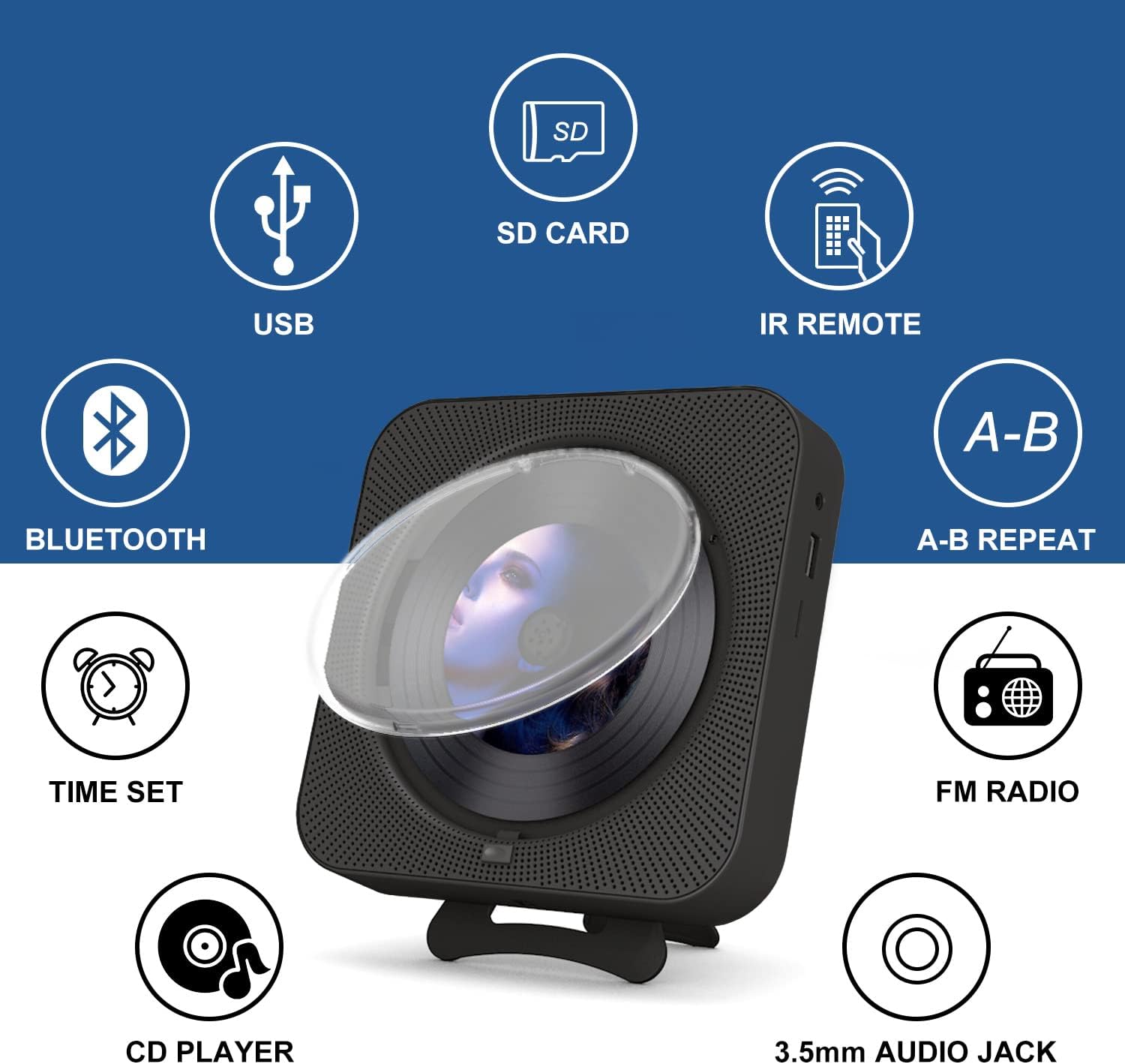Detalle 2 de MICOCIOUS KC909 Portable CD Player with Bluetooth, Dual Speakers and FM Radio